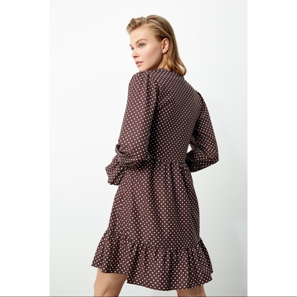Comfy Babydoll Brown Dot Print Mini Tiered Dress - Picture 4 of 5
